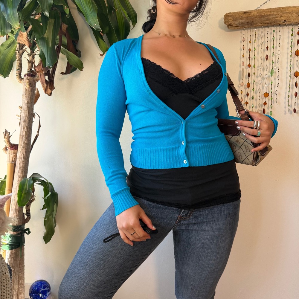 MNG Euro Vintage Teal Blue V-Neck Button Front Cardigan Sweater Indie Twee